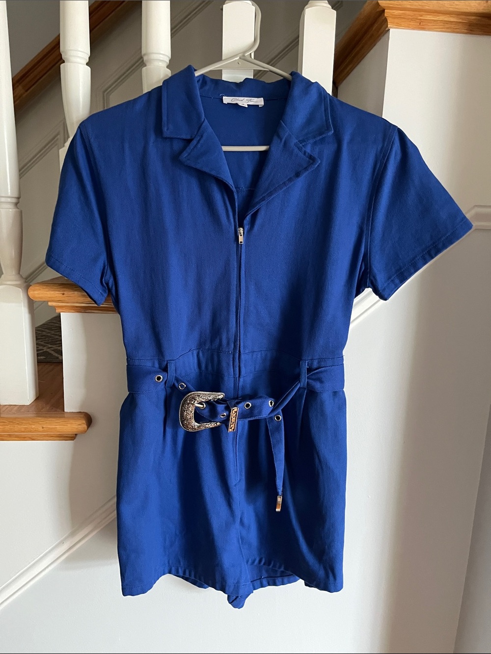 Chic Blue Short-Sleeve Romper with Belt